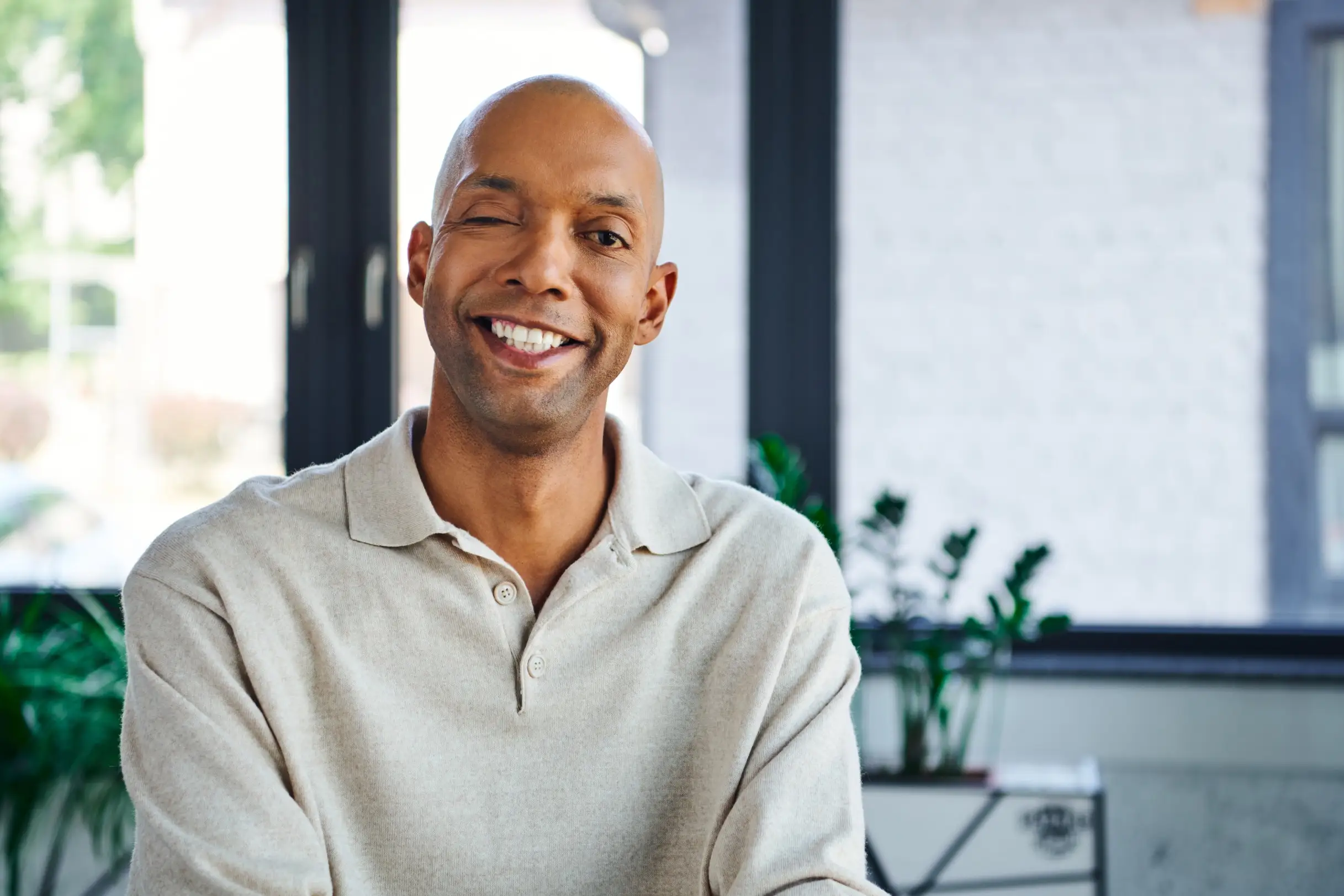 Disabled man smiling at camera